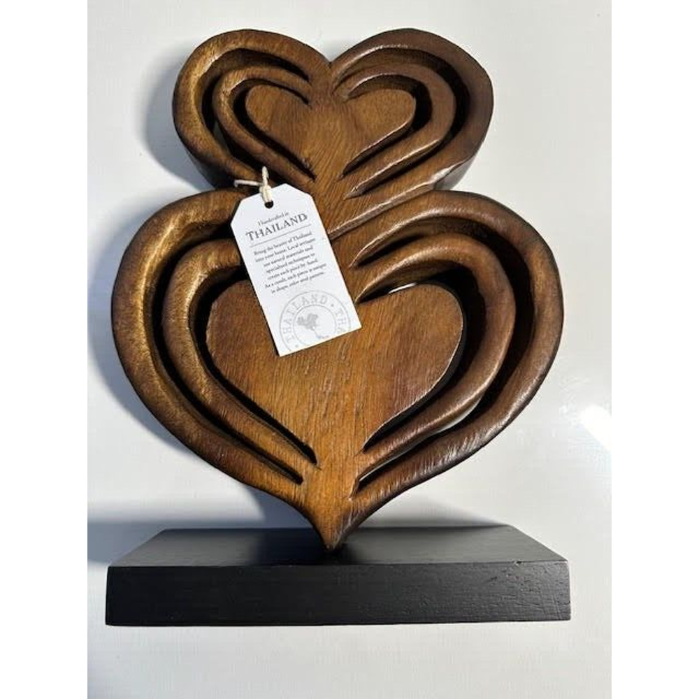 Handcrafted Wooden Double Heart Sculpture Decor Thailand Wood Art 12”